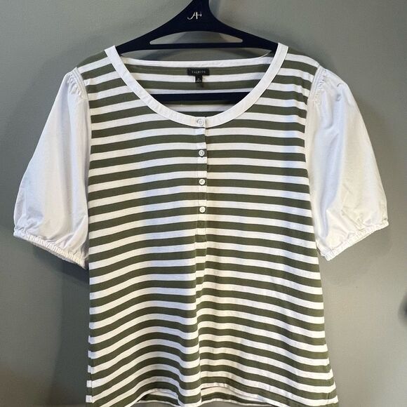 Talbots Green White Striped Blouse XL Button Detail Shirt Preppy Coastal Classic - Picture 2 of 10
